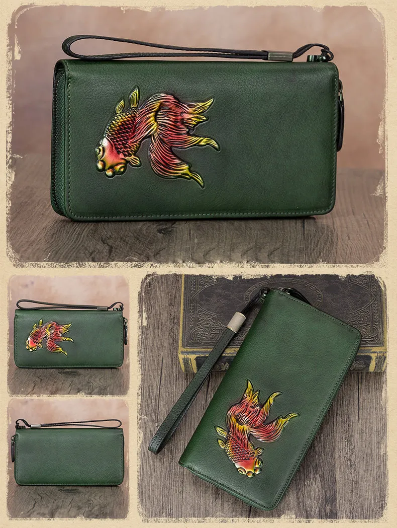 Goldfish Coffee Leather Wristlet Wallets Womens Zip Around Wallet Ladies Zipper Clutch Wallets for Women