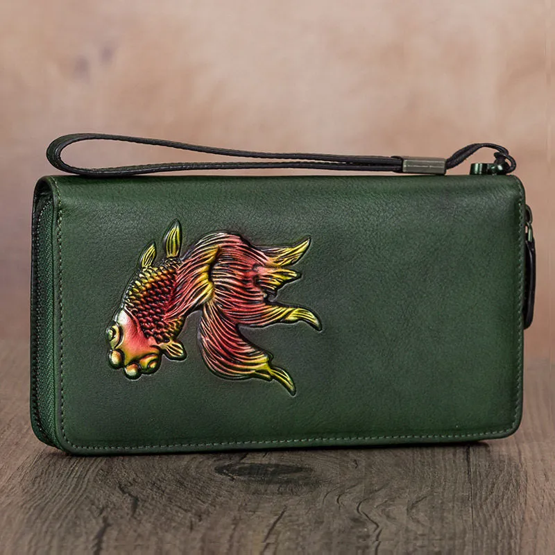 Goldfish Coffee Leather Wristlet Wallets Womens Zip Around Wallet Ladies Zipper Clutch Wallets for Women