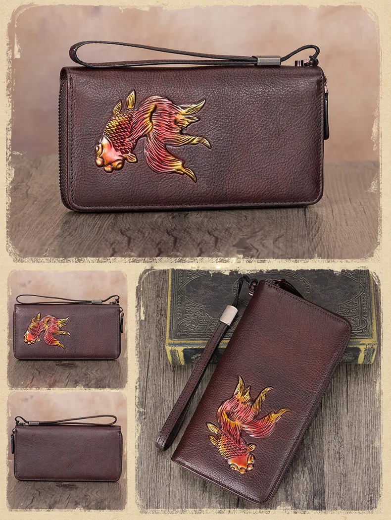 Goldfish Coffee Leather Wristlet Wallets Womens Zip Around Wallet Ladies Zipper Clutch Wallets for Women