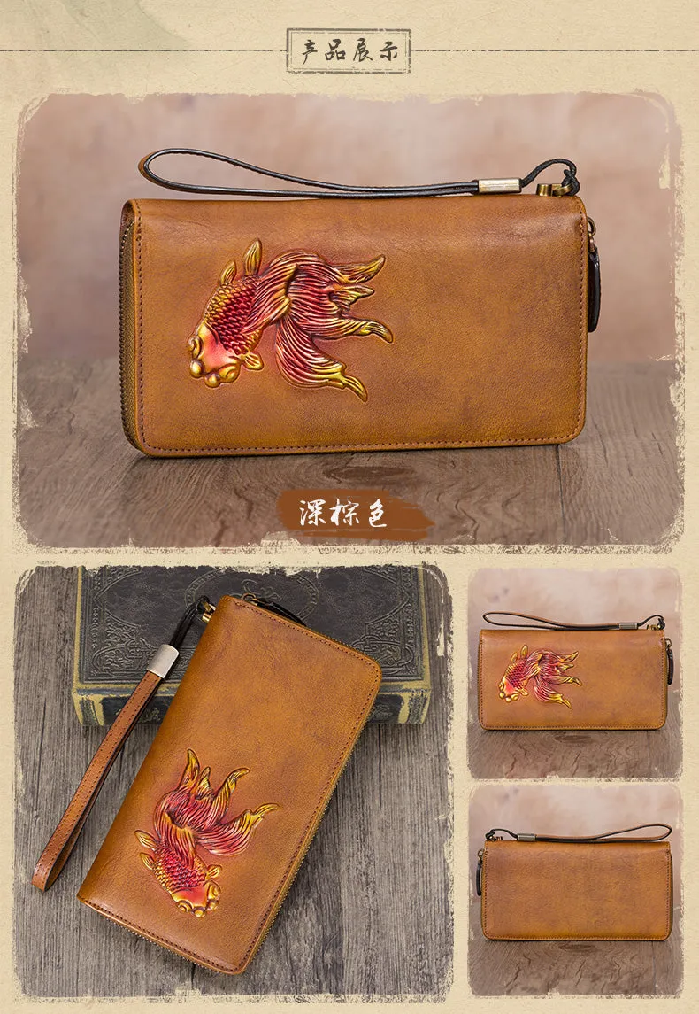 Goldfish Coffee Leather Wristlet Wallets Womens Zip Around Wallet Ladies Zipper Clutch Wallets for Women