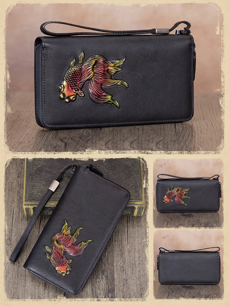 Goldfish Coffee Leather Wristlet Wallets Womens Zip Around Wallet Ladies Zipper Clutch Wallets for Women