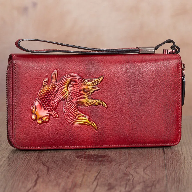 Goldfish Coffee Leather Wristlet Wallets Womens Zip Around Wallet Ladies Zipper Clutch Wallets for Women