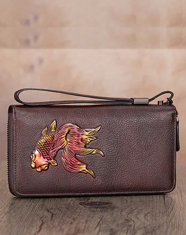 Goldfish Red Leather Wristlet Wallets Womens Zip Around Wallet Ladies Zipper Clutch Wallets for Women