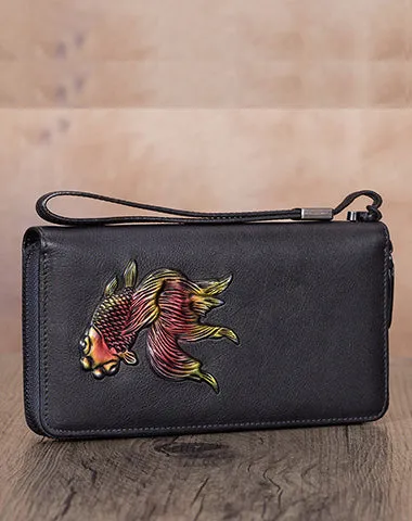 Goldfish Tan Leather Wristlet Wallets Womens Zip Around Wallet Ladies Zipper Clutch Wallets for Women