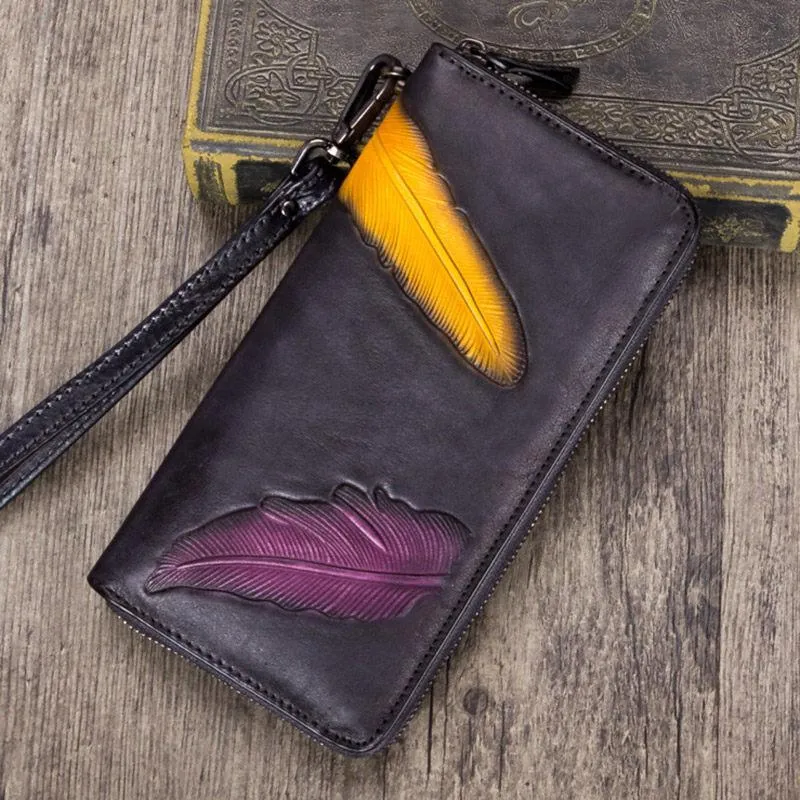 Gray Tooled Womens Leather Clutch Wallet Zipper Wristlet Wallet Feather Bifold Long Purse for Ladies