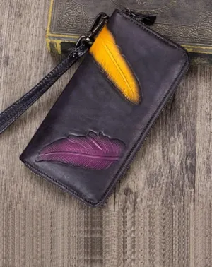 Gray Tooled Womens Leather Clutch Wallet Zipper Wristlet Wallet Feather Bifold Long Purse for Ladies