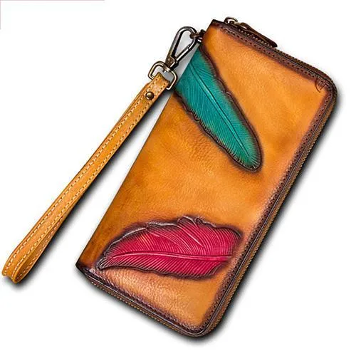 Gray Tooled Womens Leather Clutch Wallet Zipper Wristlet Wallet Feather Bifold Long Purse for Ladies