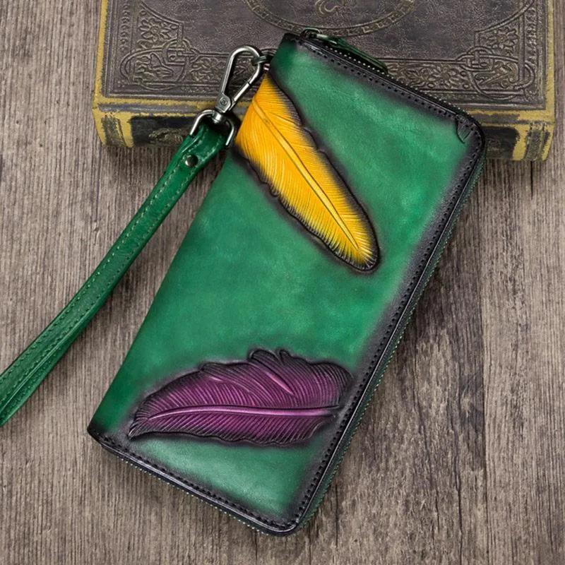 Green Tooled Womens Leather Clutch Wallet Zipper Wristlet Wallet Feather Bifold Long Purse for Ladies