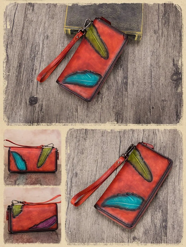 Green Tooled Womens Leather Clutch Wallet Zipper Wristlet Wallet Feather Bifold Long Purse for Ladies
