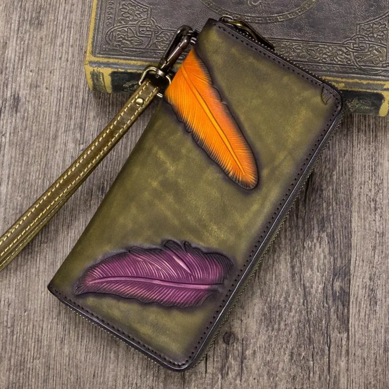 Green Tooled Womens Leather Clutch Wallet Zipper Wristlet Wallet Feather Bifold Long Purse for Ladies