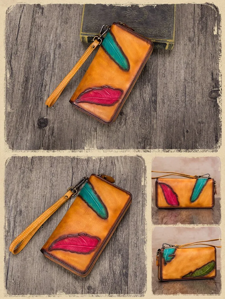 Green Tooled Womens Leather Clutch Wallet Zipper Wristlet Wallet Feather Bifold Long Purse for Ladies