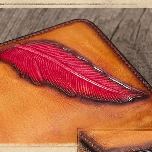 Green Tooled Womens Leather Clutch Wallet Zipper Wristlet Wallet Feather Bifold Long Purse for Ladies