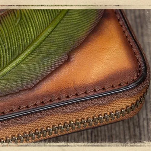 Green Tooled Womens Leather Clutch Wallet Zipper Wristlet Wallet Feather Bifold Long Purse for Ladies