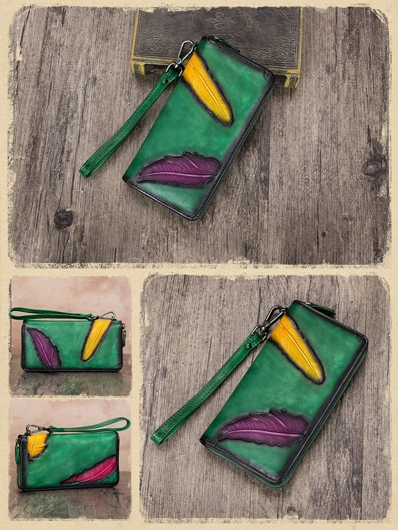 Green Tooled Womens Leather Clutch Wallet Zipper Wristlet Wallet Feather Bifold Long Purse for Ladies