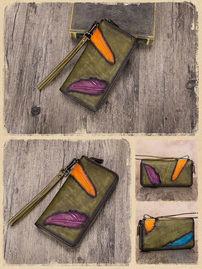 Green Tooled Womens Leather Clutch Wallet Zipper Wristlet Wallet Feather Bifold Long Purse for Ladies