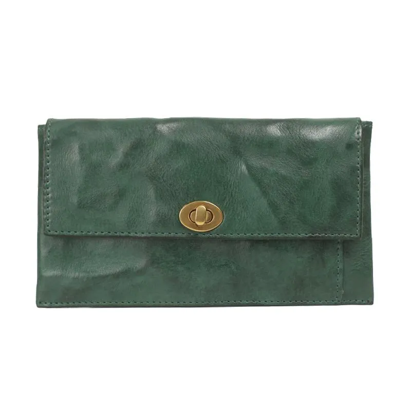Green Vintage Womens Leather Long Wallet Clutch Wallet Green Checkbook Cards Holder Wallet Purse