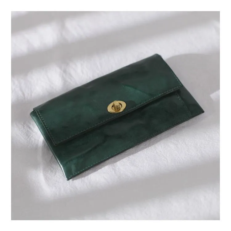 Green Vintage Womens Leather Long Wallet Clutch Wallet Green Checkbook Cards Holder Wallet Purse
