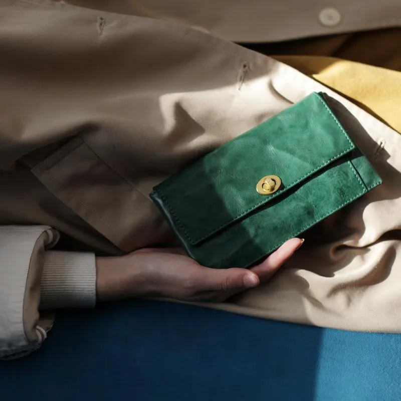 Green Vintage Womens Leather Long Wallet Clutch Wallet Green Checkbook Cards Holder Wallet Purse