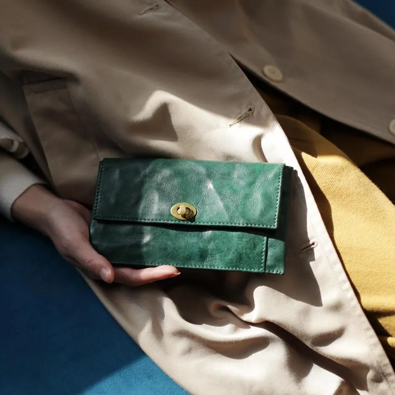 Green Vintage Womens Leather Long Wallet Clutch Wallet Green Checkbook Cards Holder Wallet Purse