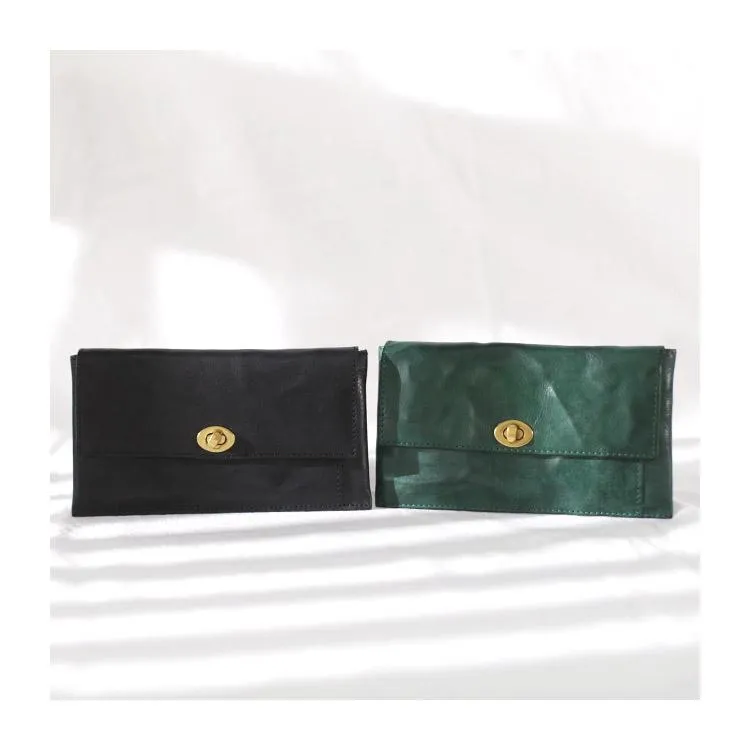 Green Vintage Womens Leather Long Wallet Clutch Wallet Green Checkbook Cards Holder Wallet Purse
