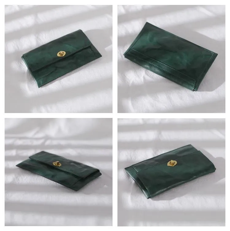 Green Vintage Womens Leather Long Wallet Clutch Wallet Green Checkbook Cards Holder Wallet Purse