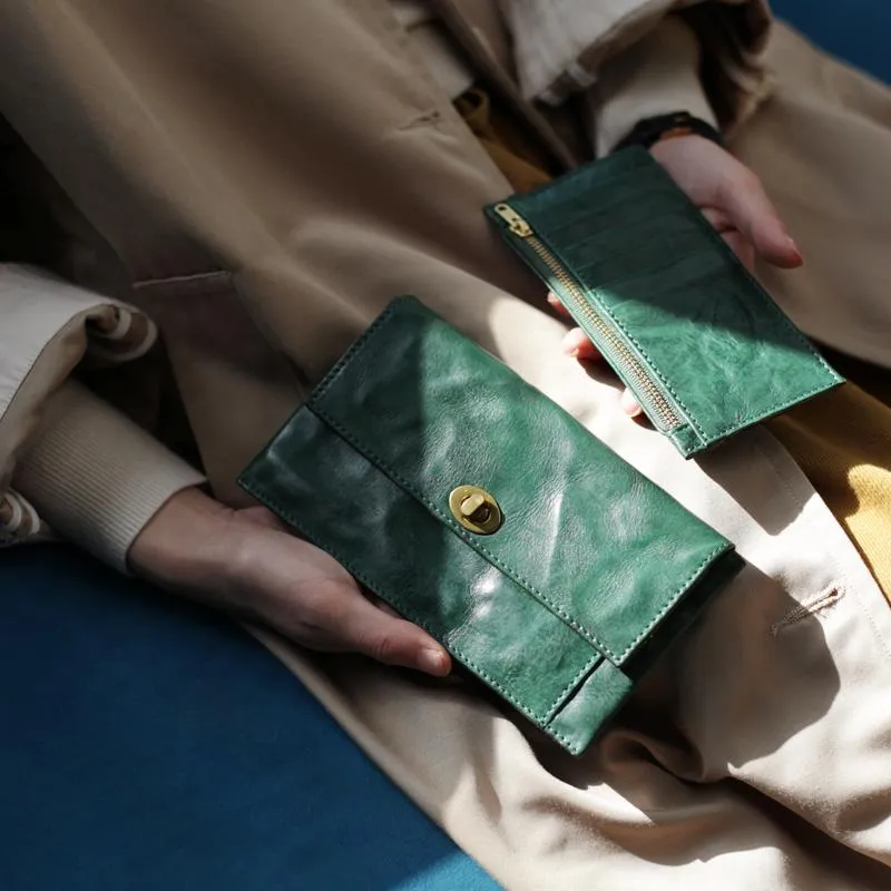 Green Vintage Womens Leather Long Wallet Clutch Wallet Green Checkbook Cards Holder Wallet Purse