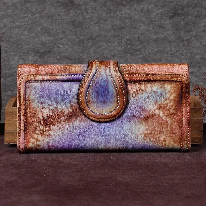 Grey Vintage Womens Leather Bifold Long Wallet Purple Clutch Phone Purses for Ladies
