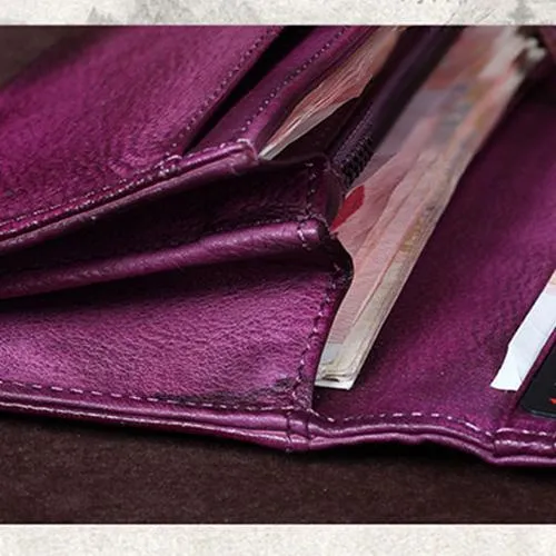 Grey Vintage Womens Leather Bifold Long Wallet Purple Clutch Phone Purses for Ladies