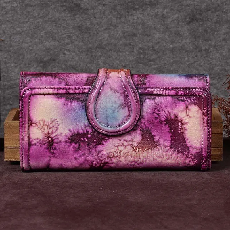 Grey Vintage Womens Leather Bifold Long Wallet Purple Clutch Phone Purses for Ladies