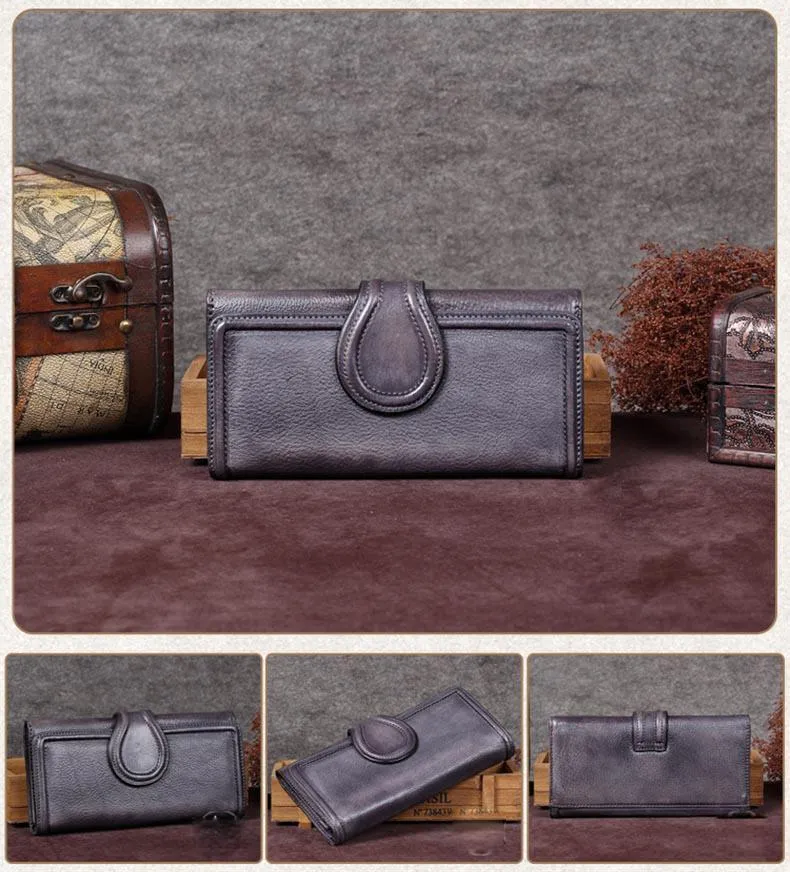 Grey Vintage Womens Leather Bifold Long Wallet Purple Clutch Phone Purses for Ladies
