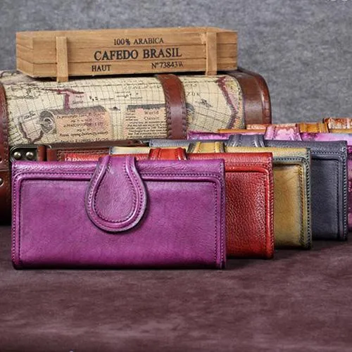Grey Vintage Womens Leather Bifold Long Wallet Purple Clutch Phone Purses for Ladies