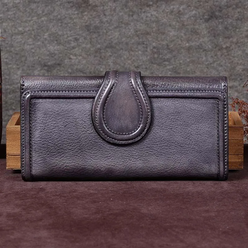 Grey Vintage Womens Leather Bifold Long Wallet Purple Clutch Phone Purses for Ladies