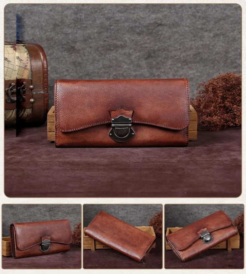 Grey Vintage Womens Leather Buckle Long Wallet BIfold Brown Clutch Phone Purses for Ladies