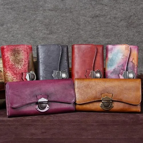 Grey Vintage Womens Leather Buckle Long Wallet BIfold Brown Clutch Phone Purses for Ladies