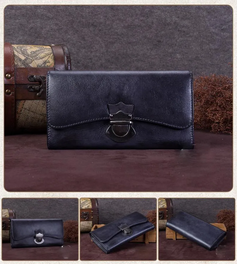 Grey Vintage Womens Leather Buckle Long Wallet BIfold Brown Clutch Phone Purses for Ladies