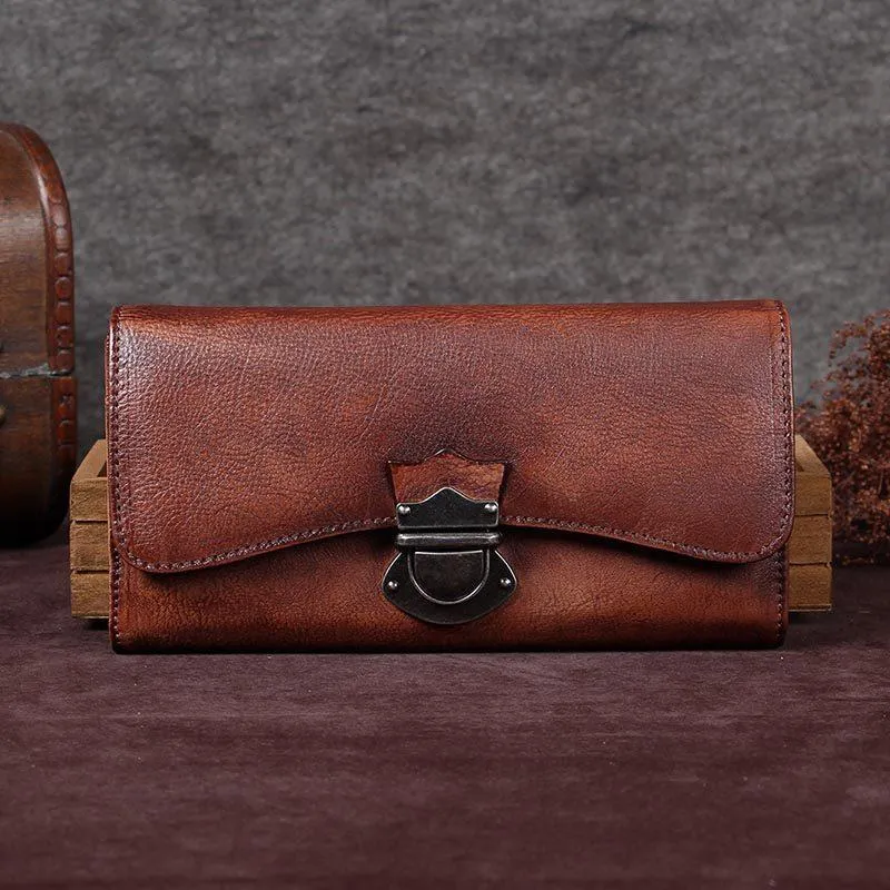 Grey Vintage Womens Leather Buckle Long Wallet BIfold Brown Clutch Phone Purses for Ladies