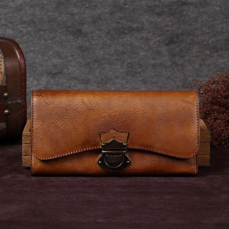 Grey Vintage Womens Leather Buckle Long Wallet BIfold Brown Clutch Phone Purses for Ladies