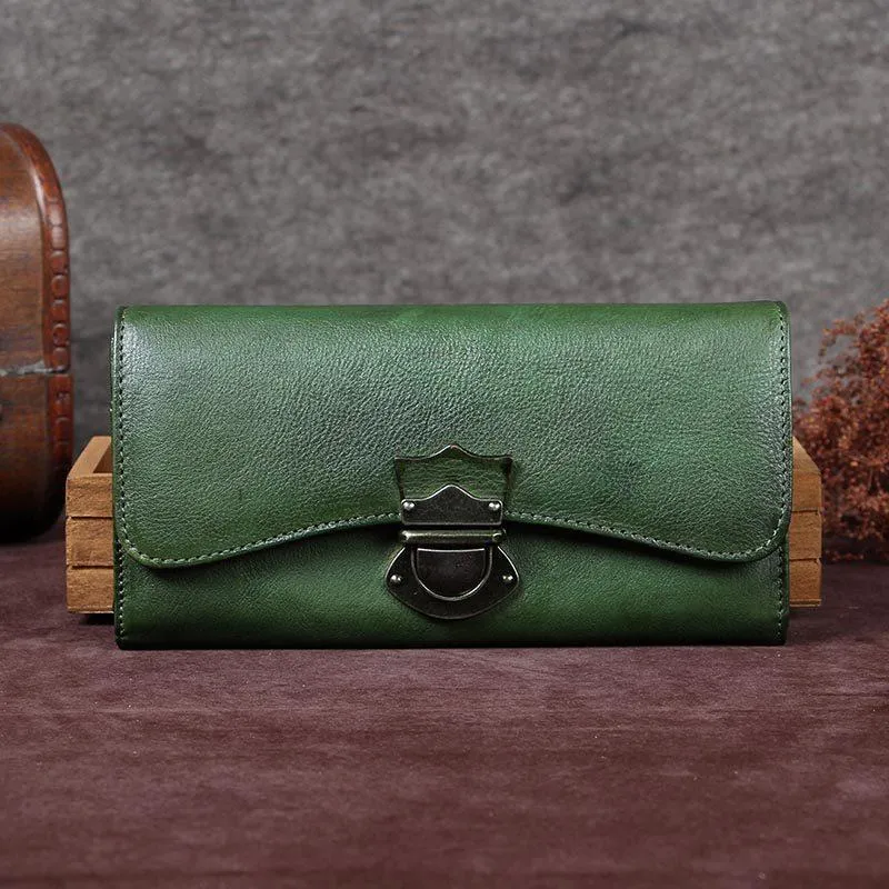 Grey Vintage Womens Leather Buckle Long Wallet BIfold Brown Clutch Phone Purses for Ladies