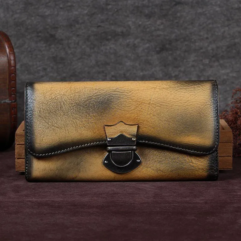 Grey Vintage Womens Leather Buckle Long Wallet BIfold Brown Clutch Phone Purses for Ladies