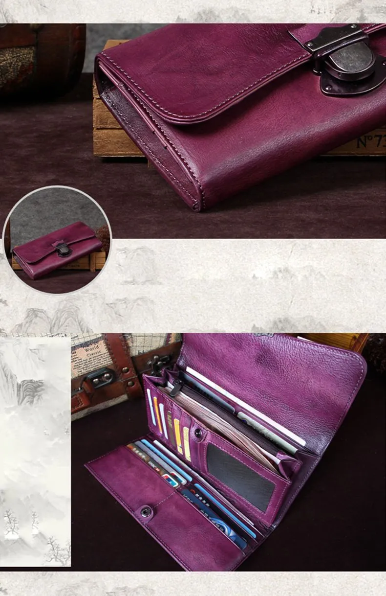 Grey Vintage Womens Leather Buckle Long Wallet BIfold Brown Clutch Phone Purses for Ladies