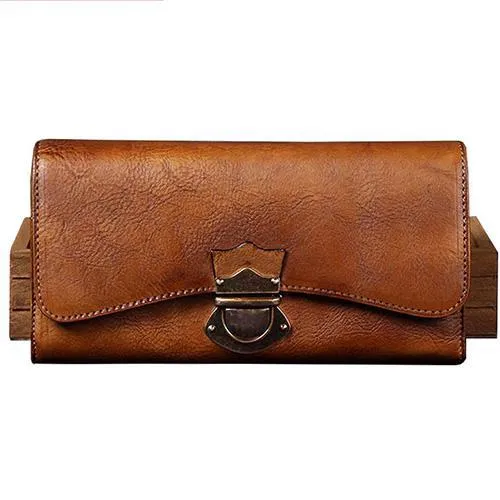 Grey Vintage Womens Leather Buckle Long Wallet BIfold Brown Clutch Phone Purses for Ladies
