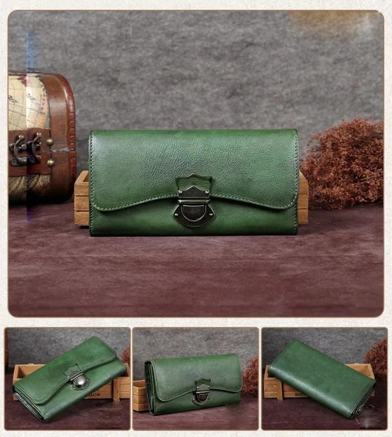 Grey Vintage Womens Leather Buckle Long Wallet BIfold Brown Clutch Phone Purses for Ladies