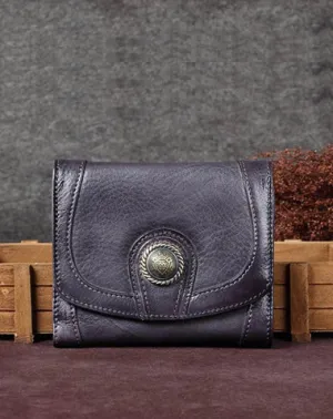 Grey Vintage Womens Leather Buckle Small Trifold Wallet billfold Wallet Purse for Ladies