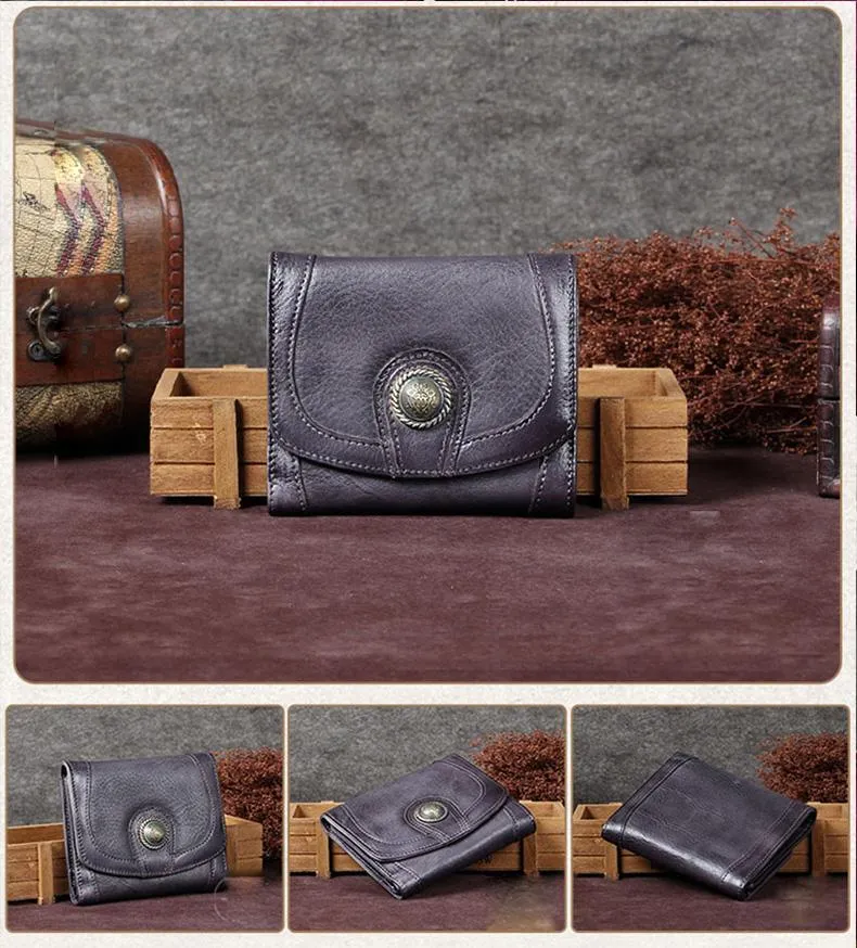 Grey Vintage Womens Leather Buckle Small Trifold Wallet billfold Wallet Purse for Ladies