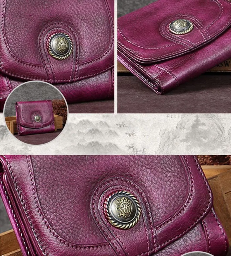 Grey Vintage Womens Leather Buckle Small Trifold Wallet billfold Wallet Purse for Ladies