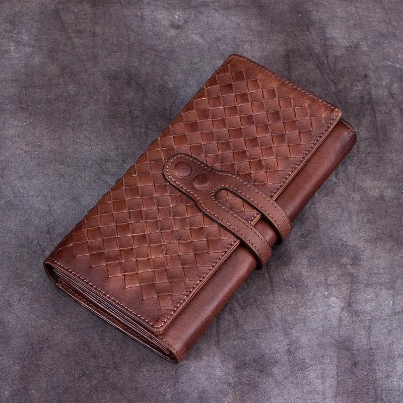 Grey Womens Braided Leather Long Wallet Phone Brown Long Bifold Clutch Purse for Ladies