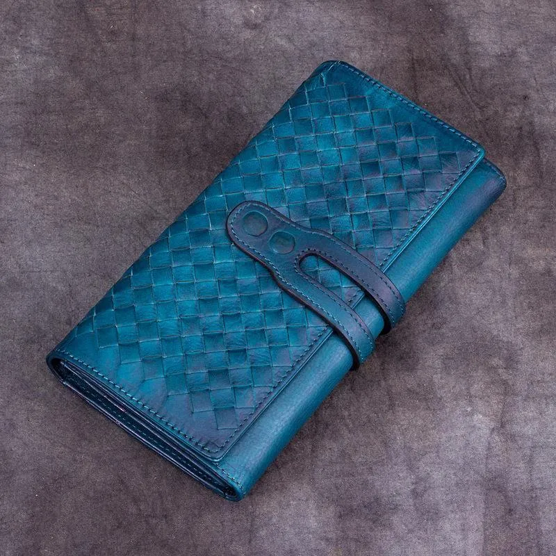 Grey Womens Braided Leather Long Wallet Phone Brown Long Bifold Clutch Purse for Ladies