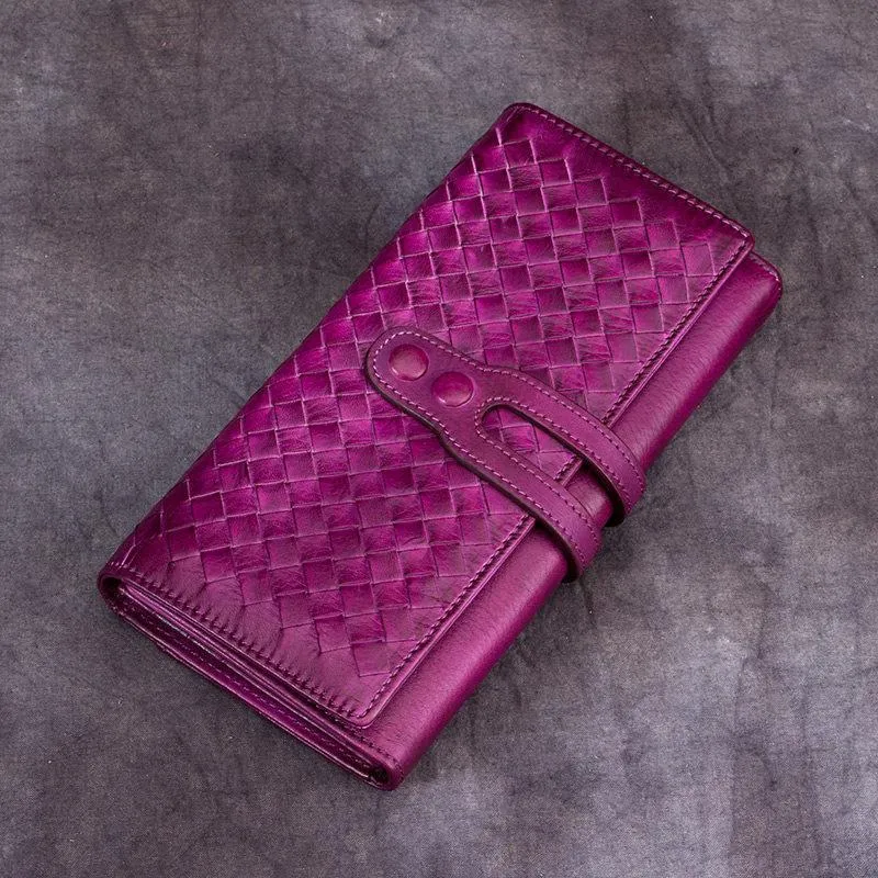Grey Womens Braided Leather Long Wallet Phone Brown Long Bifold Clutch Purse for Ladies