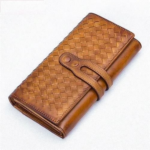 Grey Womens Braided Leather Long Wallet Phone Brown Long Bifold Clutch Purse for Ladies