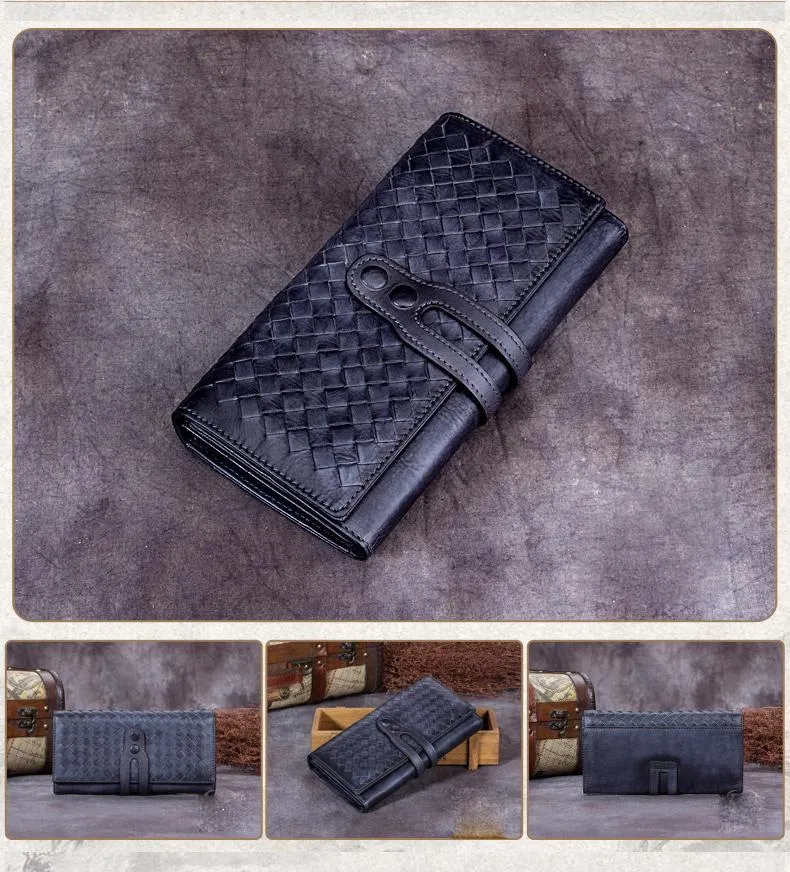 Grey Womens Braided Leather Long Wallet Phone Brown Long Bifold Clutch Purse for Ladies